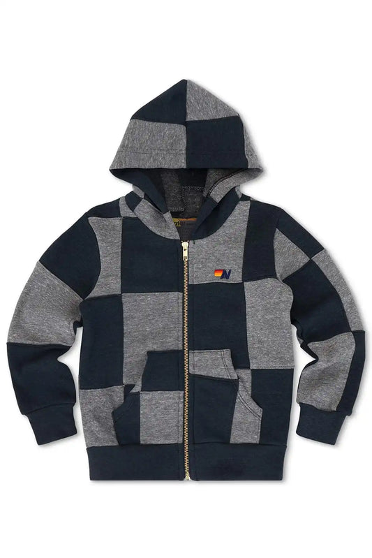 KID'S CHECK QUILTED ZIP HOODIE - HEATHER GREY/CHARCOAL