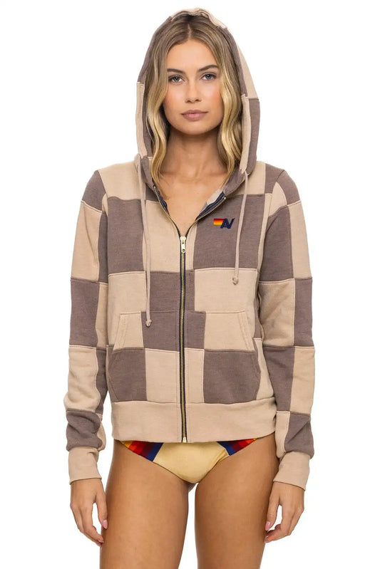 CHECK QUILT ZIP HOODIE - SAND // TAUPE