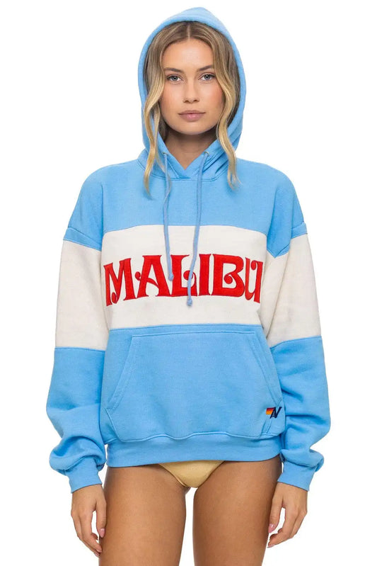 MALIBU EMBROIDERY COLOR BLOCK PULLOVER HOODIE RELAXED - SKY // VINTAGE WHITE