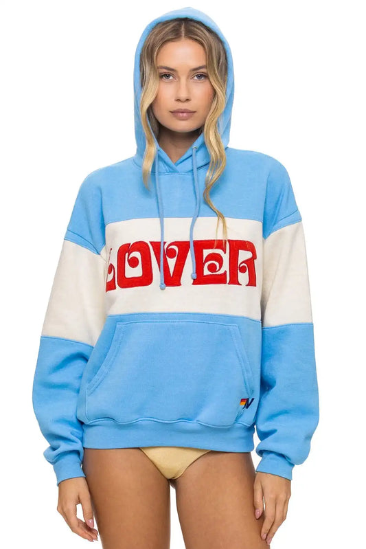LOVER EMBROIDERY COLOR BLOCK PULLOVER HOODIE RELAXED - SKY // VINTAGE WHITE