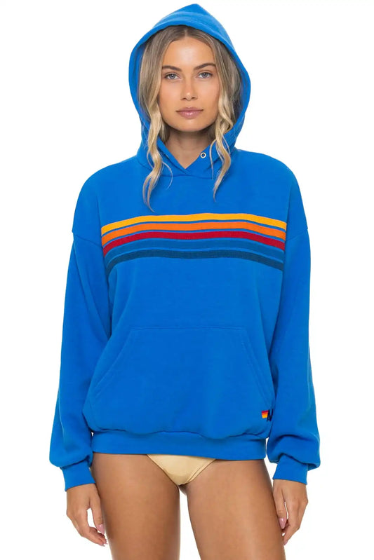 5 STRIPE RELAXED PULLOVER HOODIE - OCEAN