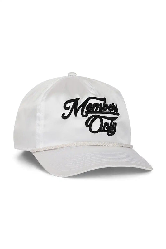 MEMBERS EXCLUSIVE VINTAGE SATIN SCRIPT TRUCKER HAT - WHITE // BLACK