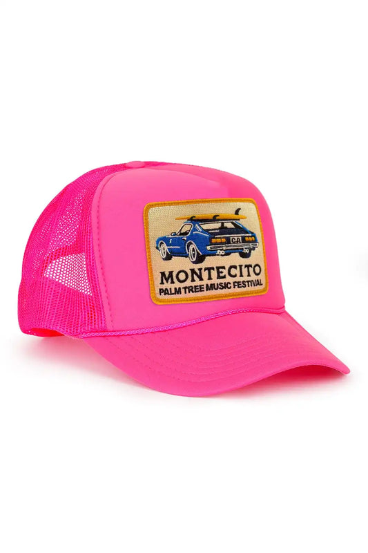 PALM TREE FESTIVAL MONTECITO 2026 VINTAGE LOW RISE TRUCKER - NEON PINK