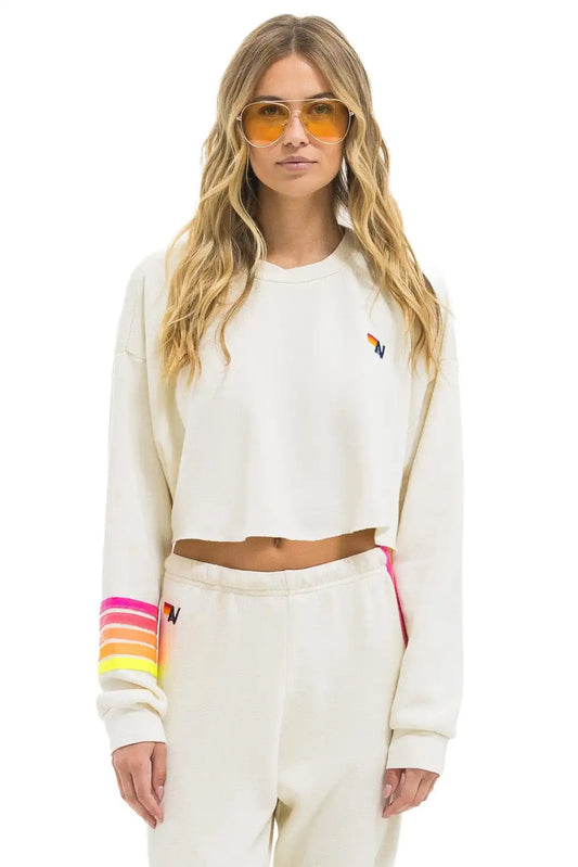 RUGBY STITCH CROPPED CREW SWEATSHIRT RELAXED - VINTAGE WHITE // NEON