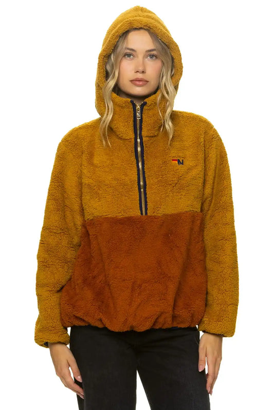 TEDDY APRES HOODED HALF ZIP COLOR BLOCK JACKET - HONEY